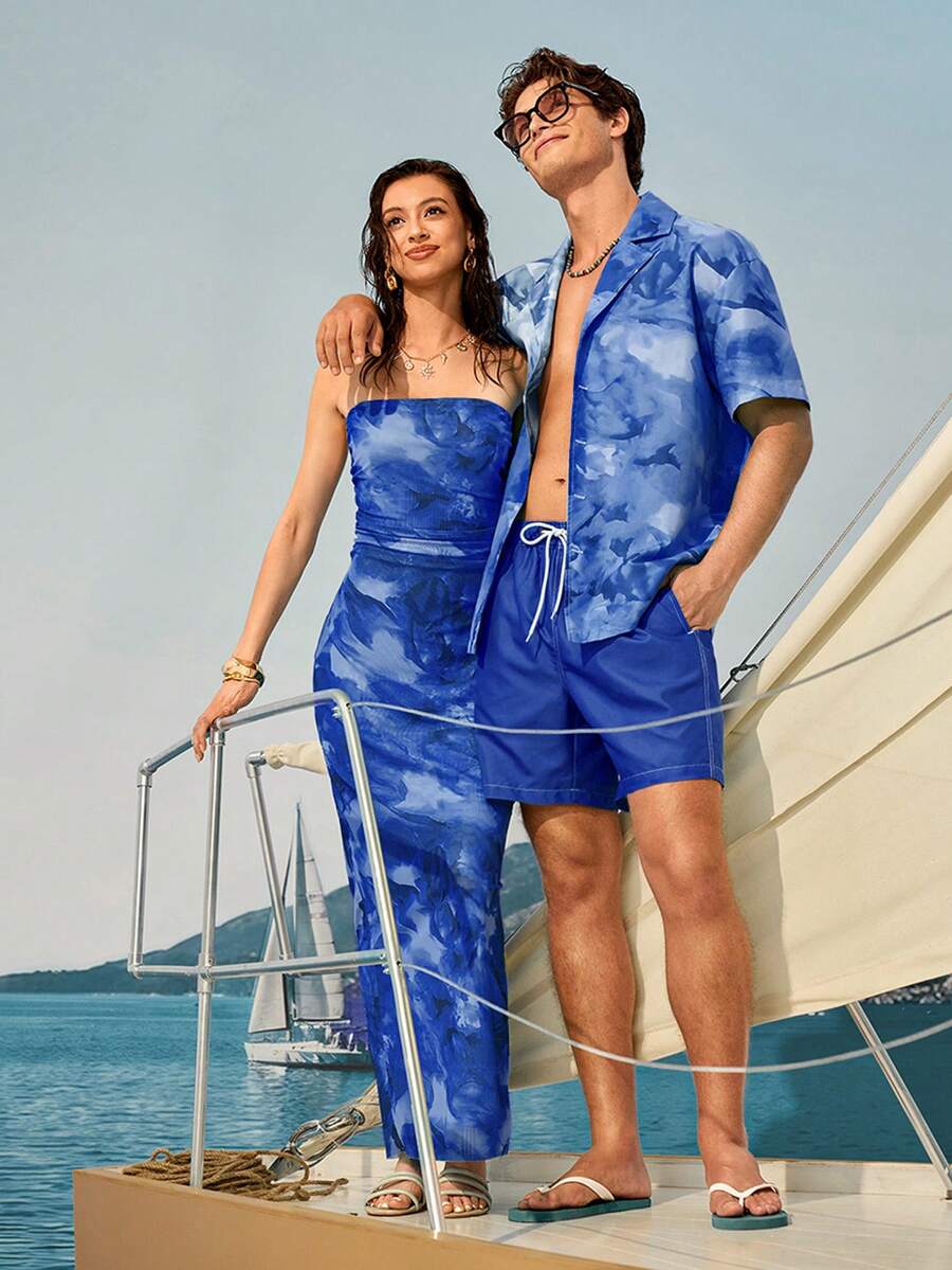 Manfinity VDAYZ Men's Beach Set Short Sleeve Top And Drawstring Shorts, Holiday - Blue - View 1