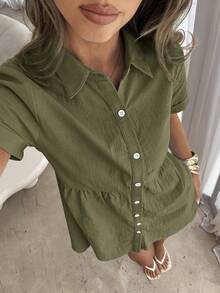 Siren Gaze Women's Summer Casual Solid Color Front Button Short Dress - Army Green - View 6
