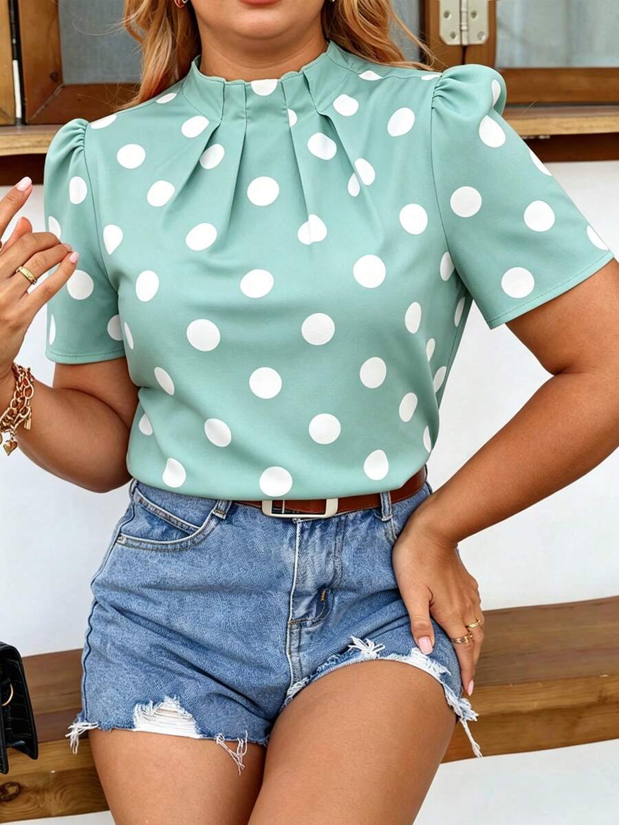 SHEIN Clasi 女款春夏波點印花抓皺領口短袖上衣 - 綠色 - 查看 1