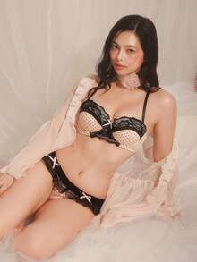 DelicateAllure Women Knitted Fabric Geometric Pattern Lingerie Set With Bow Detail - Multicolor - View 5