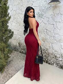SHEIN SXY 酒紅色掛脖性感蕾絲魚尾裙 - 酒紅色 - 查看 2