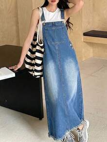 Teen Girls Blue Denim Loose Overalls Dress - Medium Wash - View 5