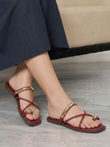Sleekvia Ladies Comfortable Flat Wear-Resistant Versatile  Metal Outdoor Flip-Flops Slippers Summer - PU-burgundy - View 9