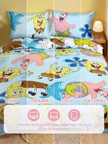 SpongeBob SquarePants | SHEIN 三件套海洋动物卡通印花被套，磨毛材质，柔软保暖，蓝色被套，双面图案，多种尺寸可选，适用于单人床/双人床/特大床，送礼佳品 - 藍白色 - 查看 9