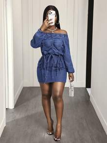 BamGleam Women's Denim Extra Long High Slit Dress - Blue - View 4