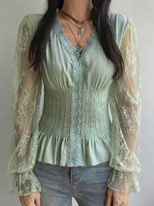 DAZY V-Neck Lace Blouse With Puff Sleeves, Cinched Waist And Long Sleeves - Green - View 1