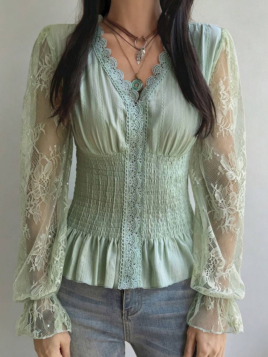 DAZY V-Neck Lace Blouse With Puff Sleeves, Cinched Waist And Long Sleeves - Green - View 1