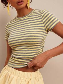 Travachic Blusa de mujer de cuello redondo, manga corta raglán, ajustada, con pliegues y rayas, para verano - Multicolor - Ver 1