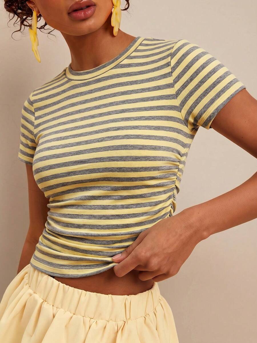 Travachic Blusa de mujer de cuello redondo, manga corta raglán, ajustada, con pliegues y rayas, para verano - Multicolor - Ver 1