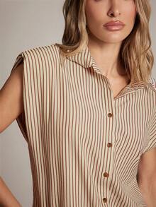 Hauture Women's Shirting Stripe Button Front Sleeveless Blouse Office Wear - Apricot - View 4