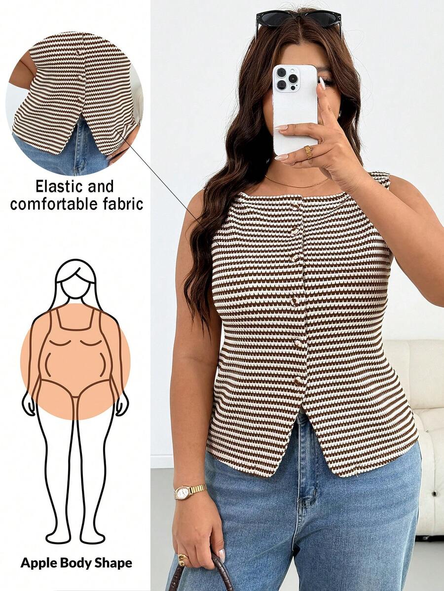 Shapeblank Plus Size Women's Spring/Summer Fashion Casual Loose Elastic Comfortable Daily All-Match Versatile Slimming White Striped Vest Top Outing Top - Brown - View 1