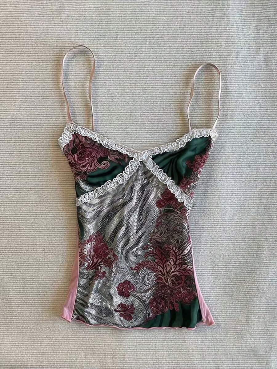 IslaSuriya 蕾丝拼接花卉印花修身女式背心 - 彩色 - 查看 1