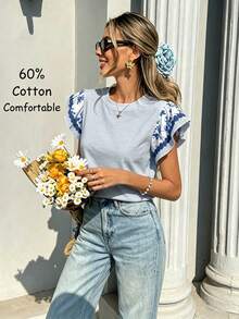 SHEIN PariChic 女款極簡純色拼接荷葉袖T恤 - 淺藍色 - 查看 1