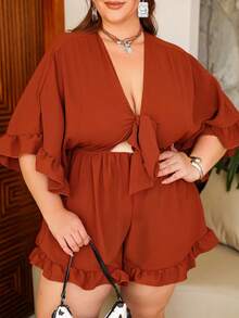 Wellenrocha Plus Size Holiday Solid Color Batwing Sleeve, Ruffle Hem, Tie Waist Romper, For Pear And Triangle Body Shape - Chocolate Brown - View 3