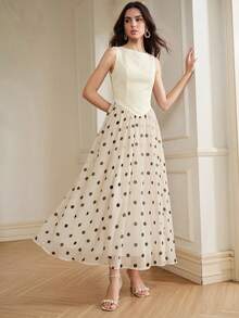 Anewsta Women's Elegant Boat Neck Sleeveless Polka Dot Print Patchwork Long Dress, Casual Wedding Beach Tea Party Garden, Vintage Spring/Summer, French Style - Apricot - View 7