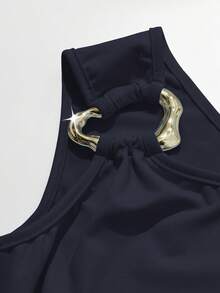 Rafferiza Robe moulante en maille élastique bleu clair avec boucle métallique décorative à une épaule pour femmes, robe d'hiver, robe de Noël, robe du Nouvel An, robe de soirée, robe élégante, robe de remise des diplômes, robe de plage, robe de fête de Noël, robe du réveillon du Nouvel An, robe de fête de Noël, robe de soirée élégante, robe de soirée longue - Bleu marine - Voir 4