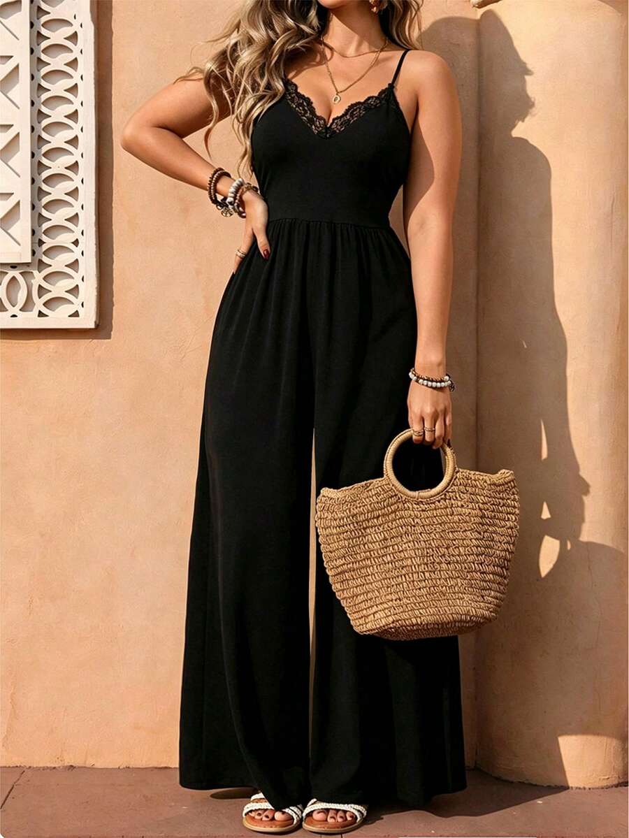 Juhart Plus Size Women's Casual Pleated Loose Wide Leg Jumpsuit, Adjustable Shoulder Straps, Spring/Summer Style, Elegant Lace Camisole Wide Leg Pants - Black - View 1