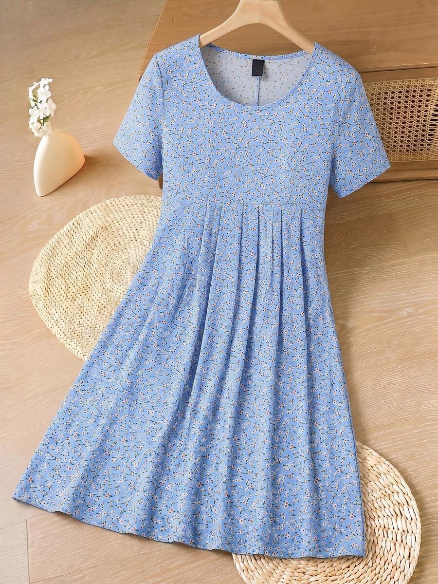 EMERY ROSE Women's Ditsy Floral Round Neck Casual Short Sleeve Dress, Summer,Summer Dresses For Women - Baby Blue - View 1