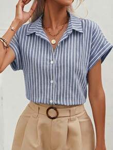 SHEIN Frenchy Kemeja Kasual Wanita Bergaris Minimalis Kancing Tunggal - Biru - View 3