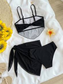 SHEIN 青少年女孩花卉印花比基尼3件套，適合海灘、夏威夷、度假 - 黑色 - 查看 2