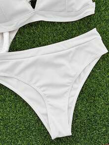 Swim Basics Women's Summer Beach Solid Color Sexy Fashion Bikini Two-Piece Swimsuit Set, Wireless - White - View 4