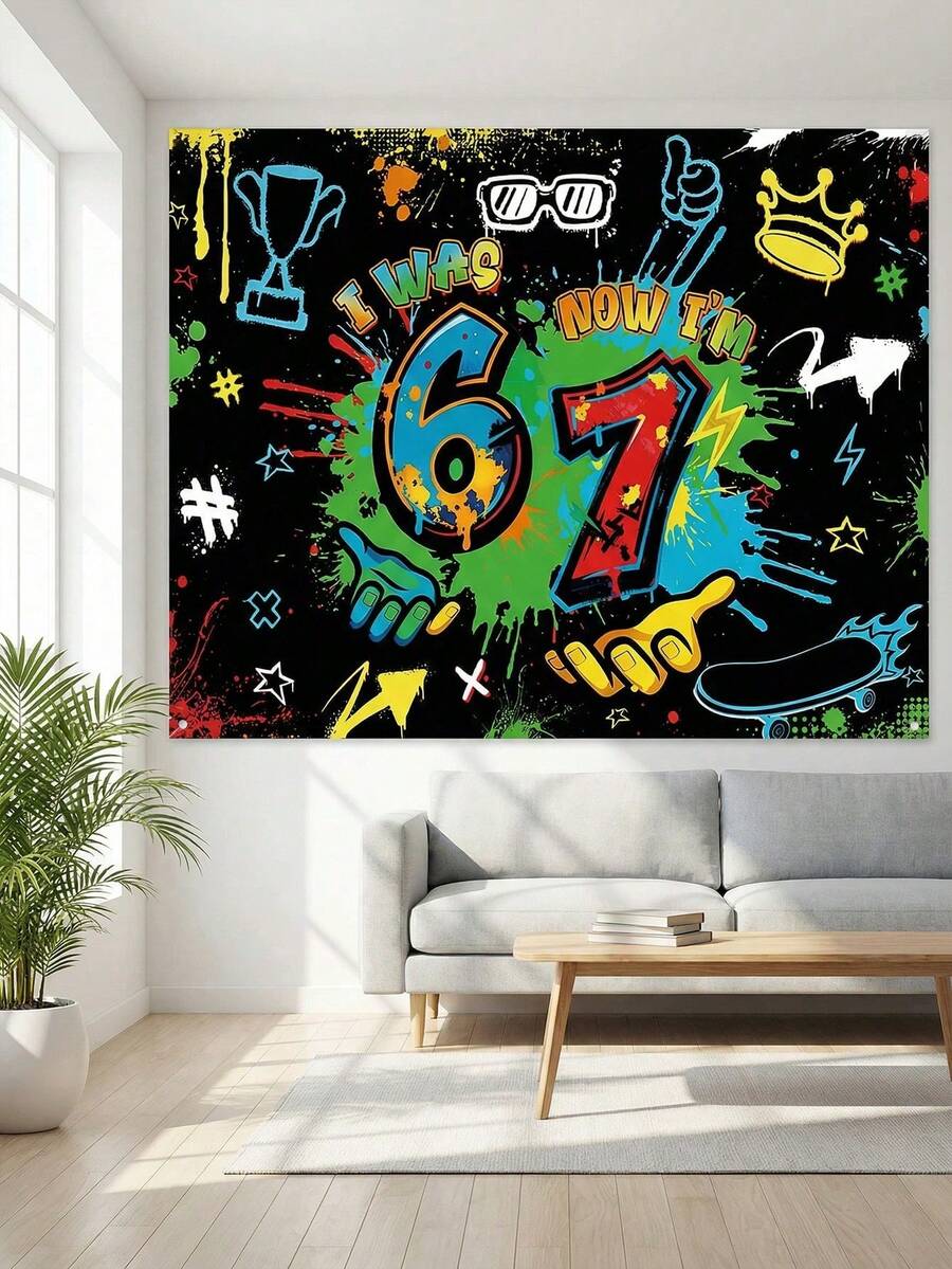 1 Hip-Hop Graffiti 67 Background - Popular "67" Design, Made Of Durable Polyester, Perfect For Party Backdrops, Photo Props, Room Wall Decorations, Sports Celebrations, Street Style Events, And Social Media Photo Shoot Booths - Funny 67 Background Cloth - View 1
