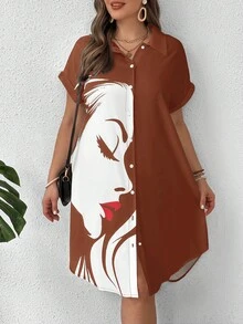 SHEIN LUNE Shirt Style Portrait Red Lips Side Profile Button Short Sleeve Collar Contrast Color Plus Size Dress - Brown - View 5