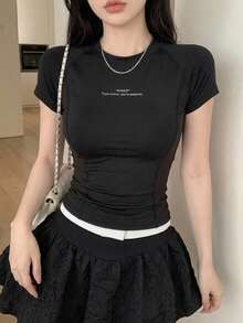 DAZY Color Block Patchwork Sports Fashion Letter Graphic Short Sleeve Women T-Shirt - Black - View 6