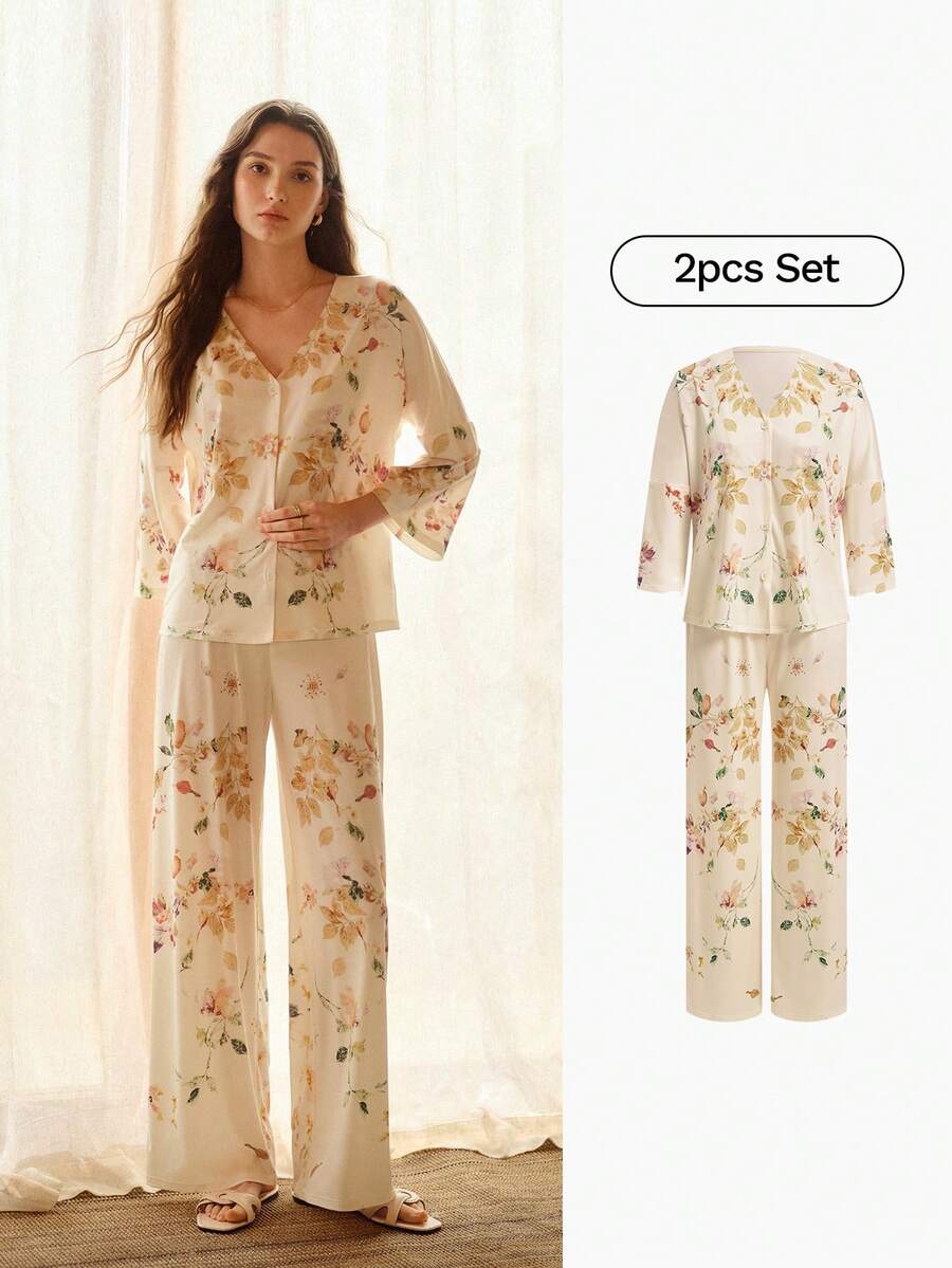 MOTF PREMIUM WOMEN FLORAL PRINT BUTTON UP TOP & PANTS PAJAMA SET - Beige - View 1
