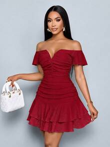 SOLERSUN Women's Fashionable Elegant V-Neck Off Shoulder Ruffle Sleeve Textured Mini Dress – Ruffle Sleeve Ruched Bodycon Double Ruffle Hem Party Dress For Club & Date Night,Women Ruffle Sleeve Ruched Bodycon Double Ruffle Hem Party Club Dress - Burgundy - View 8