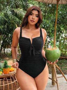 Swim Vcay 大尺碼女款一件式V領繫帶胸部抓皺腰部修身顯瘦性感純欲風夜店派對休閒度假連身泳裝 桃紅色 - 黑色 - 查看 4
