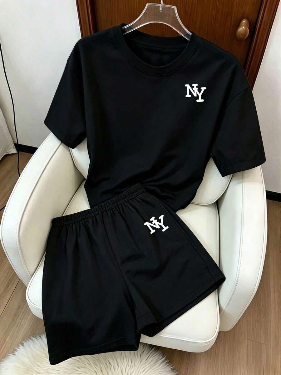 Resyla 夏季時尚休閒女款兩件套,適合日常與運動穿著,黑色紐約 NY 字母印花圓領短袖 T-shirt 套裝,優雅舒適設計,休閒出遊兩件套 - 黑色 - 查看 1