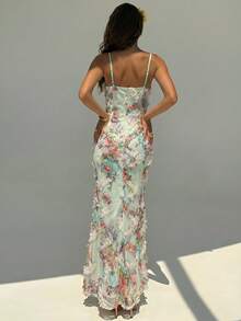 Aloruh Women's Spring/Summer Solid Light Green New Style Vacation Elegant Date 3D Embroidered Ruffle Collar Fitted Bodycon Mermaid Dress - Green - View 2