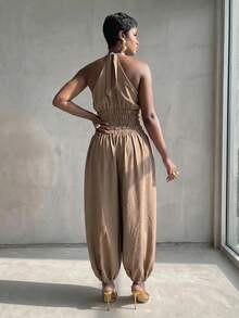 BamGlimmer New Halter Neck High Collar Sleeveless Cold-Shoulder Design Elastic Waist To Raise Waistline Lantern Wide Leg Pants Elegant Casual Dinner Date Khaki - Khaki - View 6