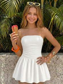 SHEIN Teen Girls Summer New White Knit Textured Waist Ruched A-Line Vacation Casual Street Style Short Tube Mini Dress - White - View 4