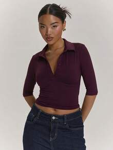 SHEIN BAE 女款休閒優雅極簡通勤上班短袖POLO領上衣，李子色上衣，茄子紫色上衣，紫色上衣，外出上衣，休閒上衣，辦公室上衣，教師上衣 - 中紫紅色 - 查看 4