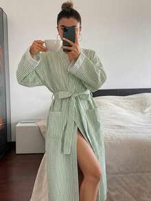 DAZY 度假風條紋紋理面料中長版女款睡袍 - 綠色 - 查看 5