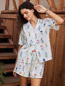 Lullawish Bohemian Casual Striped Floral Print Open Front Petal Sleeve Ruched Short Sleeve Shorts Pajama Set Home White Floral Summer - Multicolor - View 3