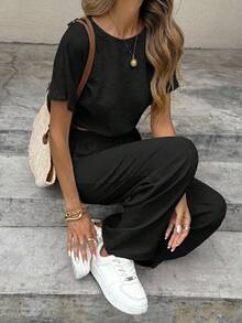 Serisse Batwing Sleeve Crop Top Drawstring Waist Pants Textured Fabric Two Pieces Travel Black Summer Casual - Black - View 8