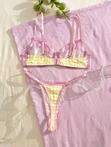 Eraneu 2pcs Plaid & Lace Patchwork Lingerie Set, Fashionable - Multicolor - View 7