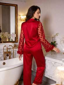 Modelyn 3件套女士3D立体花卉蕾丝爱心网纱缎面睡衣套装，新娘内衣，秋冬舒适优雅细节 - 紅色 - 查看 2