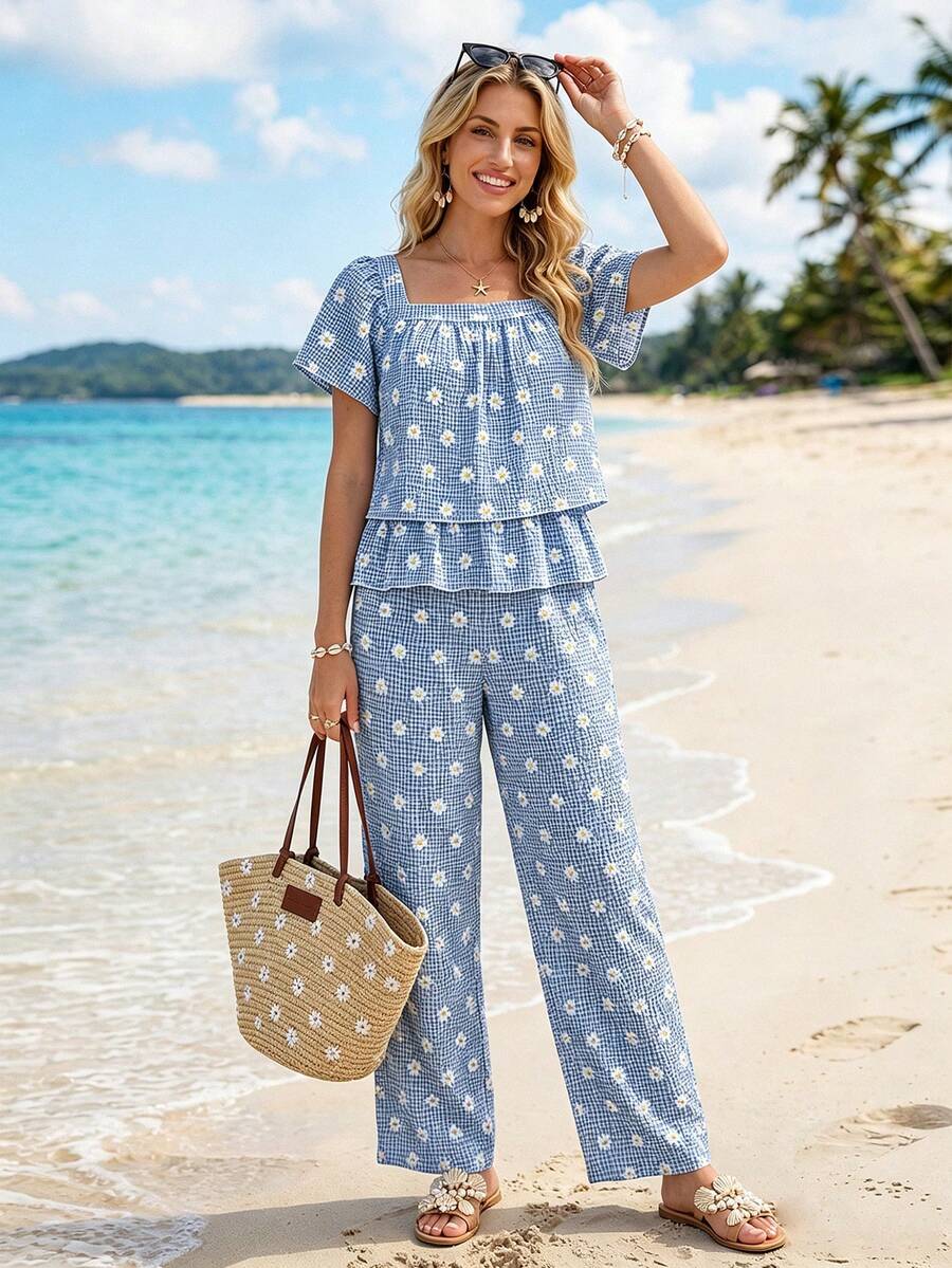 Sylviya 女款休閒度假夏季荷葉邊口袋長褲兩件組,適合海灘穿著 - 彩色 - 查看 1