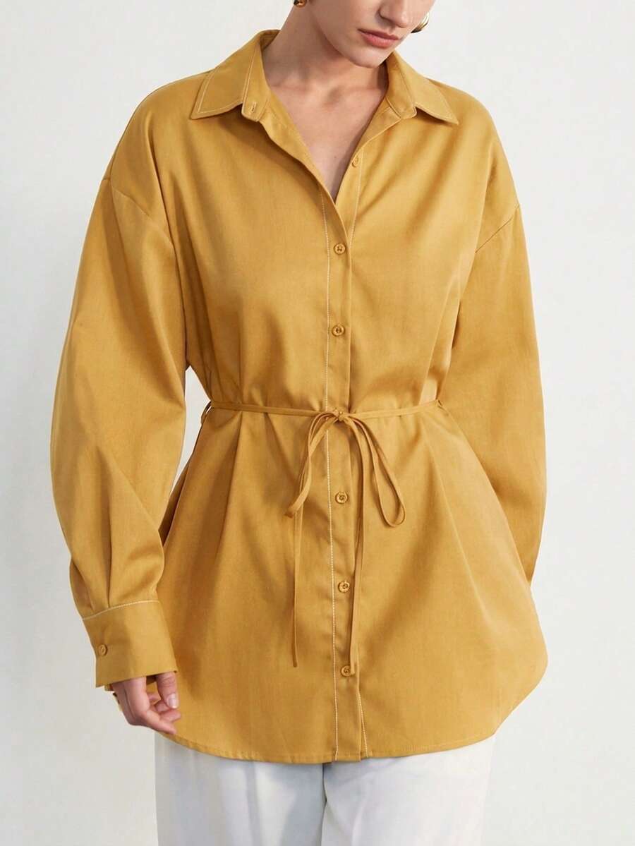 Aveloria Modichic Camisa de manga larga para mujer de estilo safari a rayas, corte holgado con drapeado, casual para ir al trabajo, con cuello abatible, cuello de pie, cinturón, de largo medio, nueva para otoño/invierno - Amarillo - Ver 1