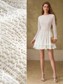 MOTF PREMIUM VESTIDO CORTO AJUSTADO DE ESTILO FRANCÉS RETRO CON MANGAS LARGAS, ENCAJE HUECO Y TRANSPARENTE SEXY - Blanco - Ver 7
