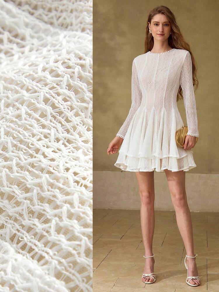 NICHE RETRO FRENCH STYLE LACE HOLLOW SEE-THROUGH SEXY FITTED SHORT DRESS WITH LONG SLEEVES