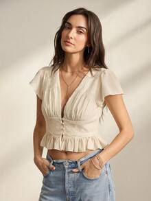 Willow Rêve Blusa de chifón con botones delanteros, volantes y encaje, romántica - Beis - Ver 6