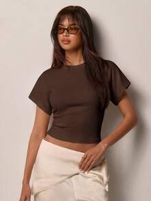 COSMINA Women's Ribbed Knit Cropped Round Neck Fitted T-Shirt - Brown - View 4