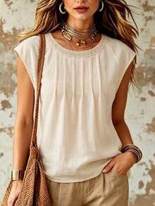 SHEIN Holidaya Women's New Orange Pink Round Neck Loose Elegant Boho Holiday Casual Work Vacation Office Party Short Sleeve Blouse, Spring/Summer - Apricot - View 3