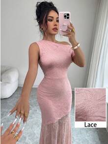 Modelyn Women's Elegant Romantic Lace Asymmetrical Shoulder Fitted Patchwork Asymmetrical Lace Hem A-Line Dress Date Pink Summer - Pink - View 6