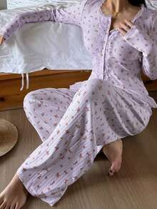 DAZY Floral Lace Ruffle Trim Patchwork 2pcs Women's Pajama Set - Mauve Purple - View 1